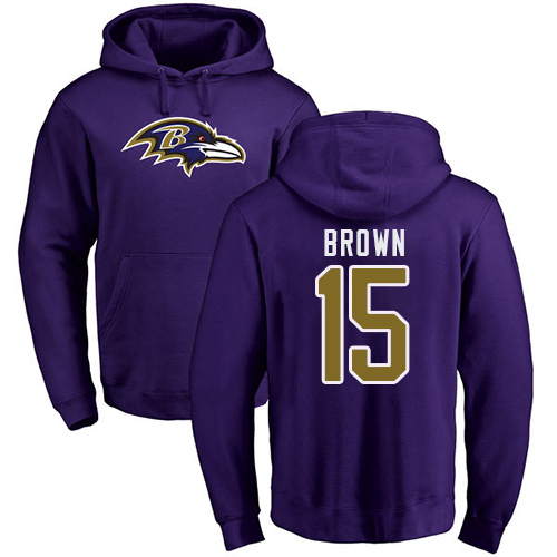 Men Baltimore Ravens Purple Marquise Brown Name and Number Logo NFL Football #15 Pullover Hoodie Sweatshirt
